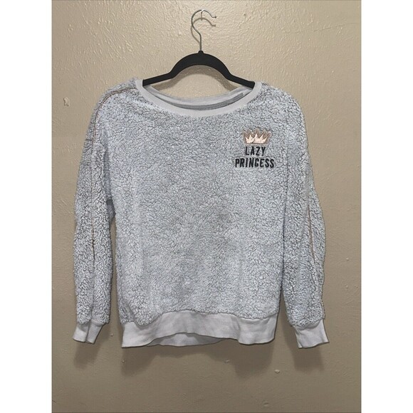 Lazy Princess Gray Fuzzy Sherpa‎ Sweatshirt Crown Girls Cozy Pullover - Picture 1 of 6